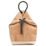 convertible backpack made from cork fabric and creme leather