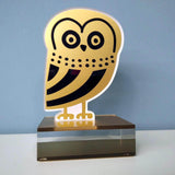 Owl of Athens bookstand, handmade plexiglass and silkscreen printed. Unique Greek gift