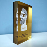 Plato, the philosopher decorative design object - paper weight. Double sided. Plexiglass art, screenprint, lazer cut & hand polished. Unique silkscreen method. Angle view three dimensions