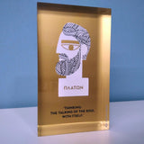 Plato, the philosopher decorative design object - paper weight. Double sided. Plexiglass art, screenprint, lazer cut & hand polished. Unique silkscreen method.