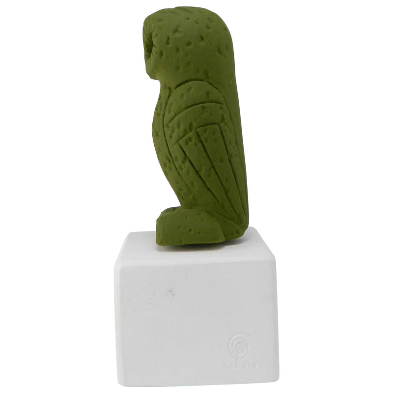 ancient greek owl repilica in olive green color - figurine owl sophus with quote about widsom and wonder (side)
