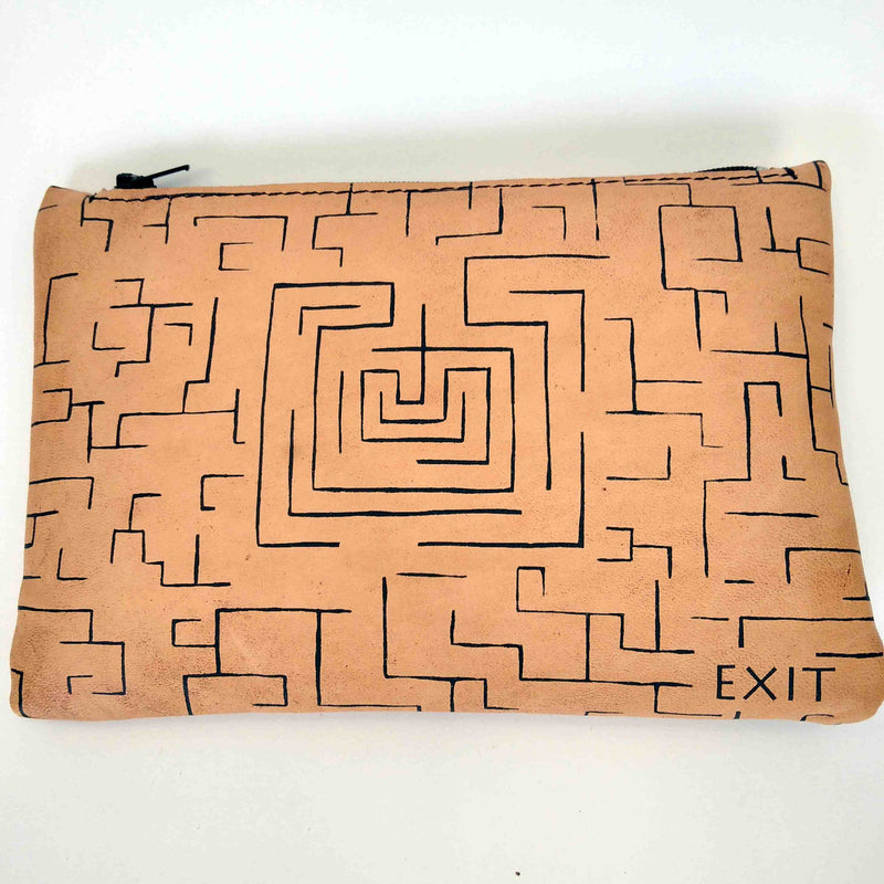 Leather pouch with zipper minotaurus labyrinth back