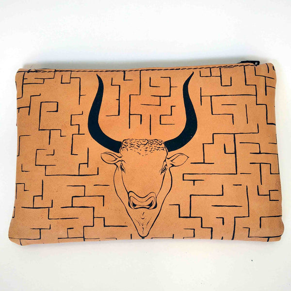 Leather pouch with zipper minotaurus labyrinth front