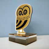 Owl of Athens bookstand, handmade plexiglass and silkscreen printed. Unique Greek gift. Side view