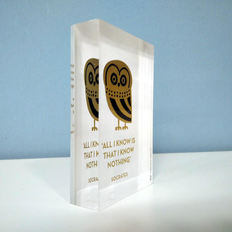 Owl of Athens decorative design object - paper weight.  Double sided. Plexiglass art, screenprint, lazer cut & hand polished.  Unique silkscreen method angle