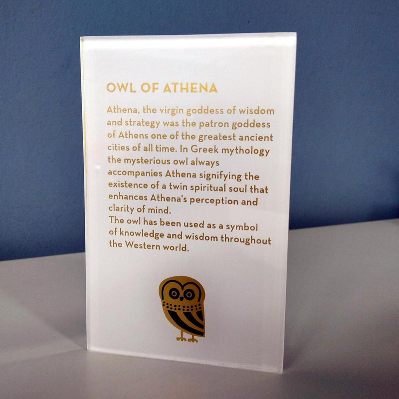 Owl of Athens decorative design object - paper weight.  Double sided. Plexiglass art, screenprint, lazer cut & hand polished.  Unique silkscreen method back side