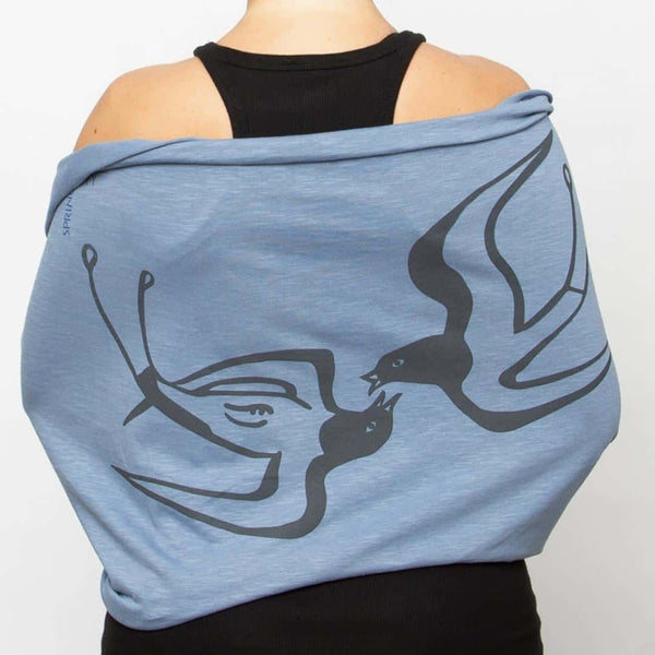Santorini Greek Shawl depicting ancient swallows in blue color