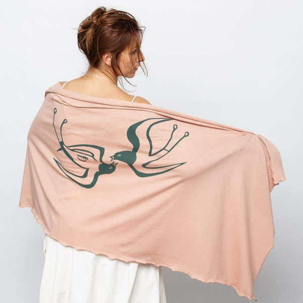 Greek Shawl depicting ancient swallows in pink color