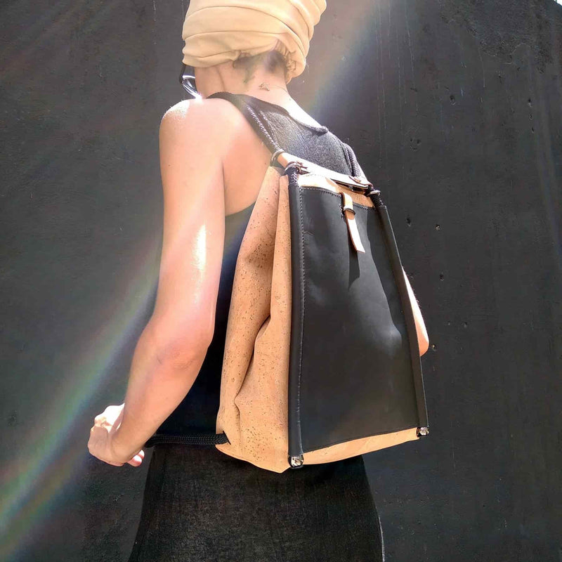 Buy Redo backpack. Cork fabric backpack with black leather inner zipper pocket handmade by an architect greek design