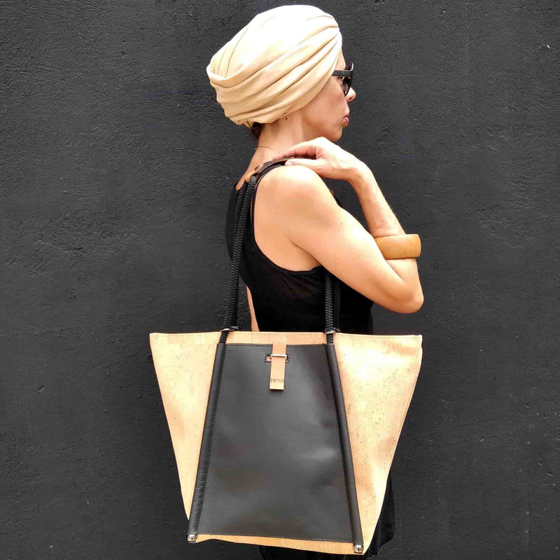 Redo handbags buy online. Cork tote shoulder bag with black leather