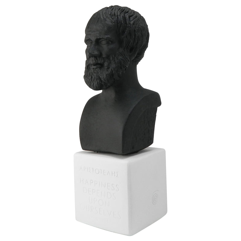 Black bust of Aristotle with quote Happiness depends upon ourselves (angle)