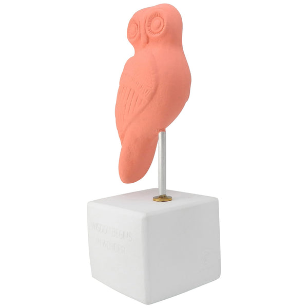 ancient greek owl statue recplia coral color - figurine owl heron with quote about widsom and wonder (angle)