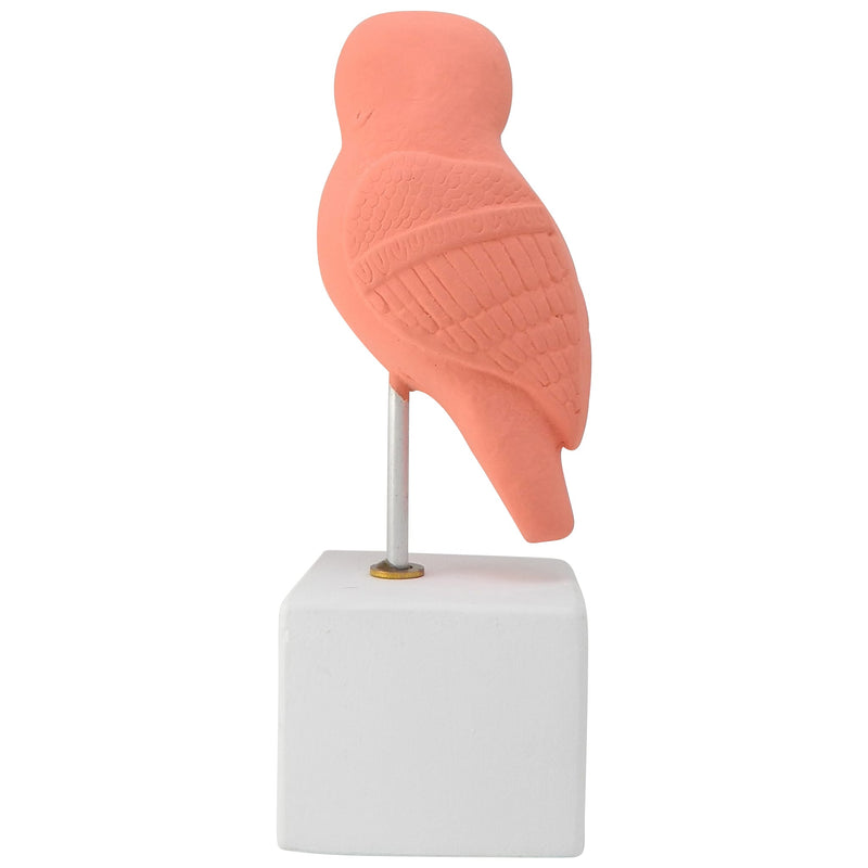 ancient greek owl figurine recplia coral color - figurine owl heron with quote about widsom and wonder (back)