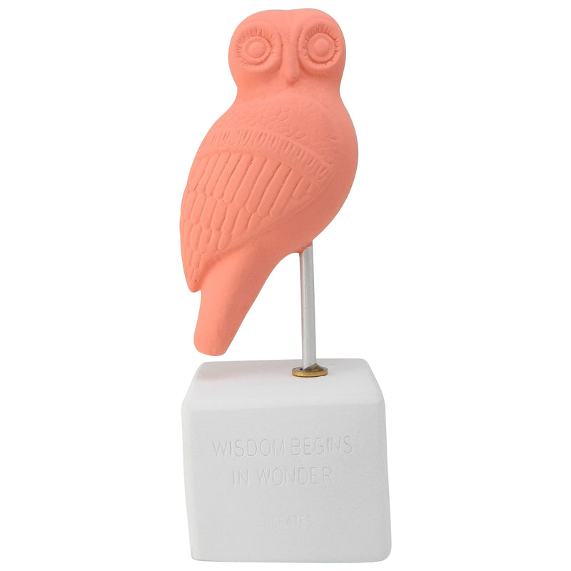 ancient greek owl figurine recplia coral color - figurine owl heron with quote about widsom and wonder (front)