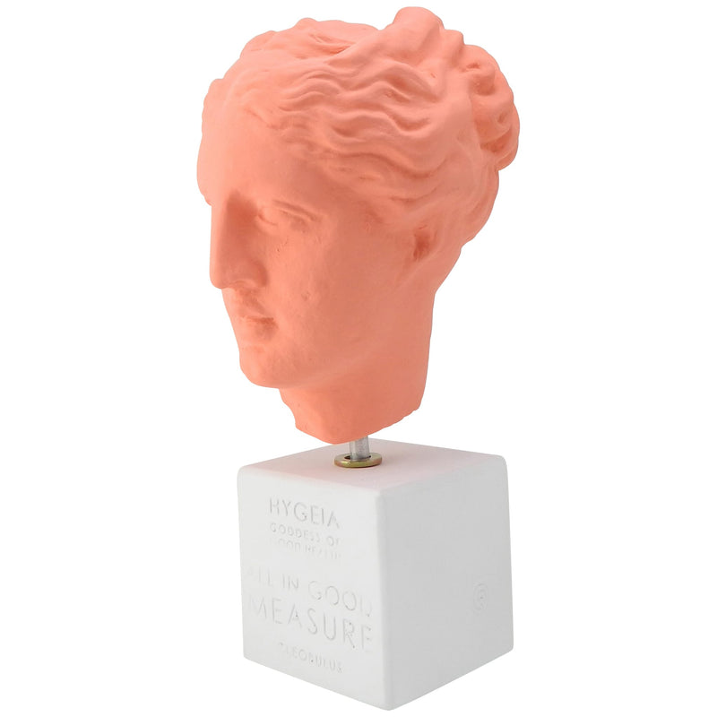 Coral colored Hygeia goddess of hygiene (Hygieia) head with quote (angle) greek statue replica