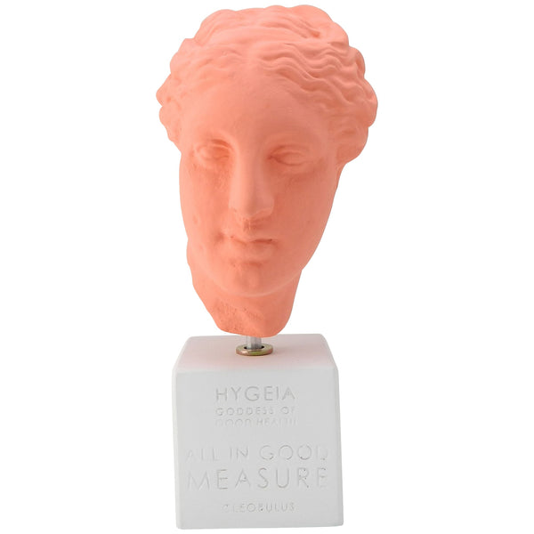 Coral colored Hygeia goddess of hygiene (Hygieia) head with quote (front)