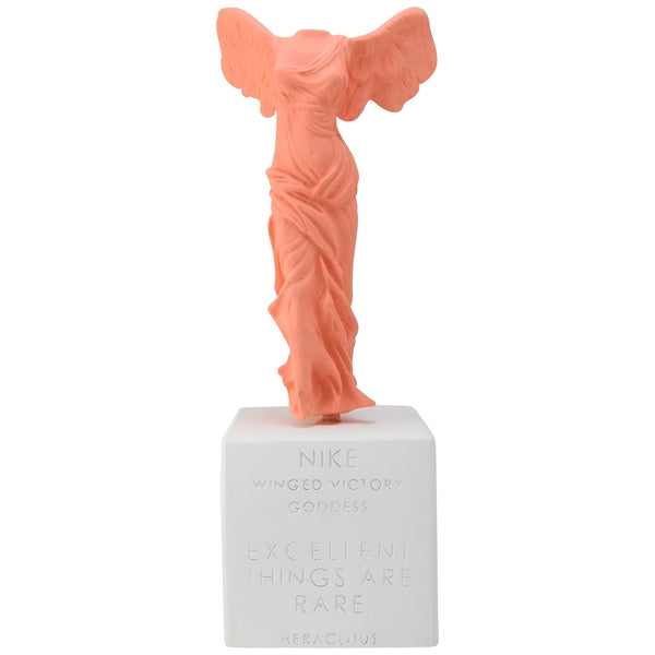 Nike of Samothrace statue replica in coral color with quote excellent things are rare (front)
