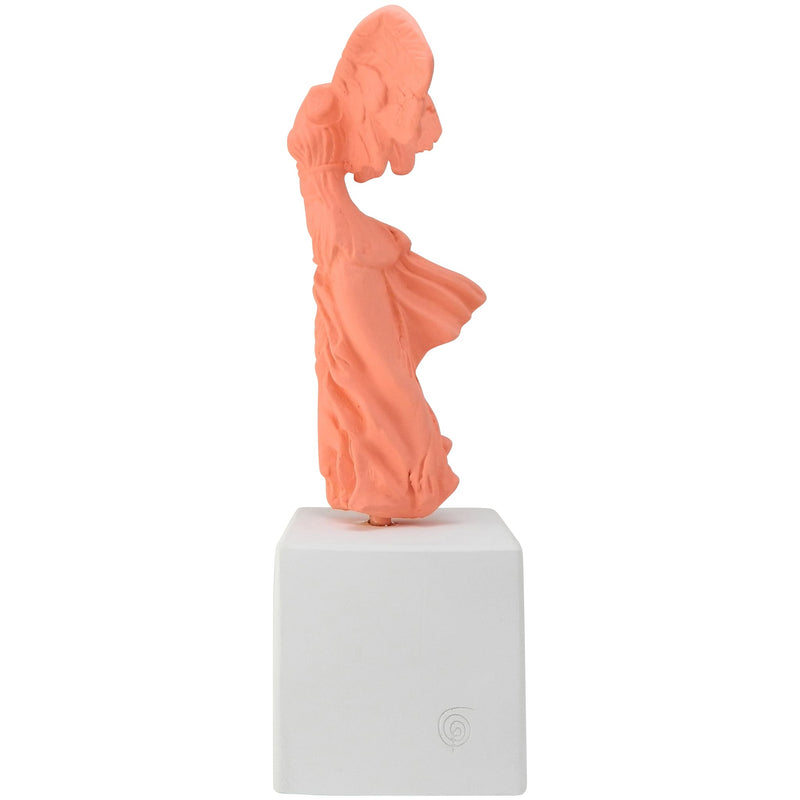 Nike of Samothrace statue replica in coral color with quote excellent things are rare (side view)
