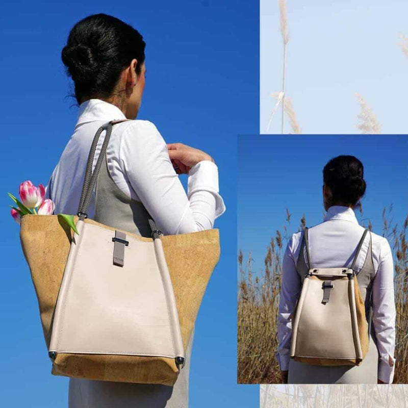 Backpack that converts into a shoulder bag or tote bag in creme color