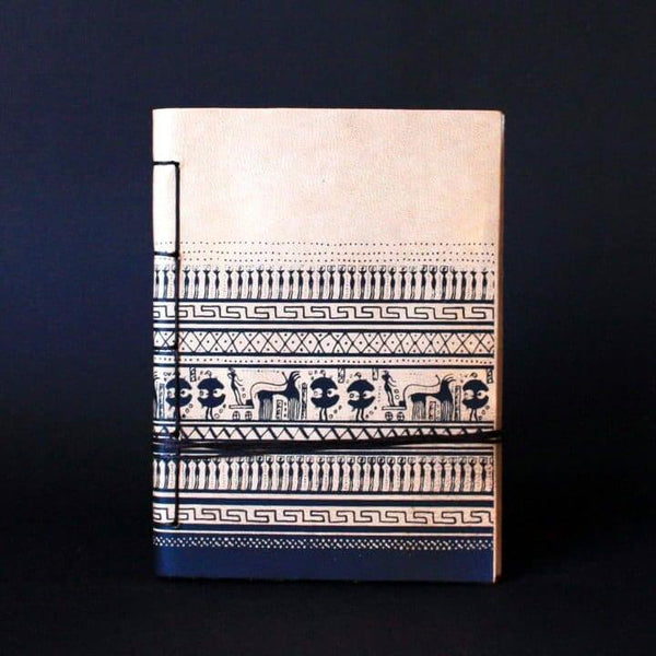 Geometric period Greek art journal, handmade of genuine cretan goatskin leather - front