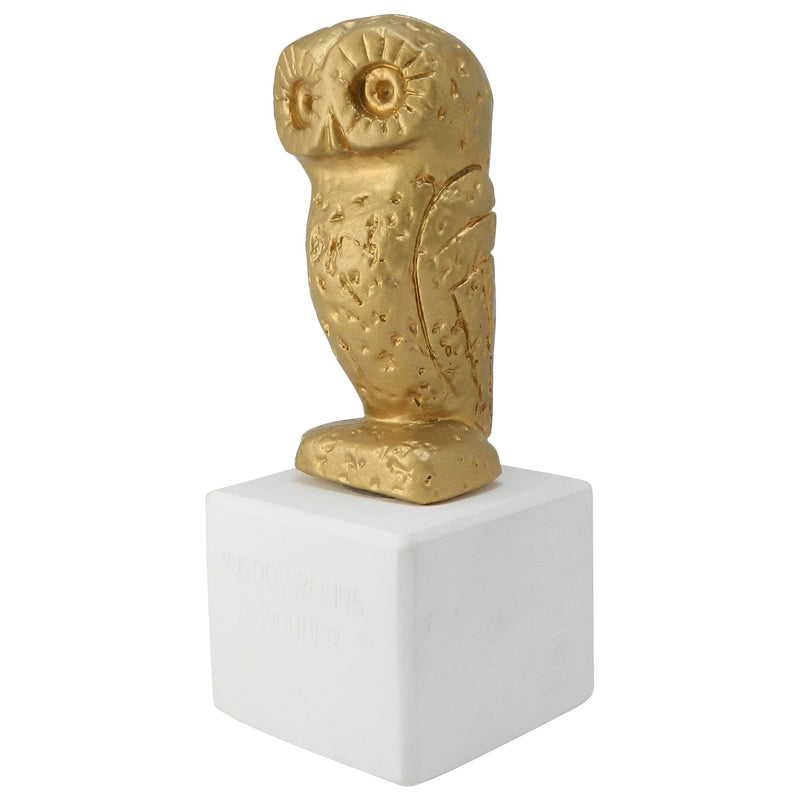 golden owl figurine - ancient greek owl replica with quote about widsom and wonder (angle)