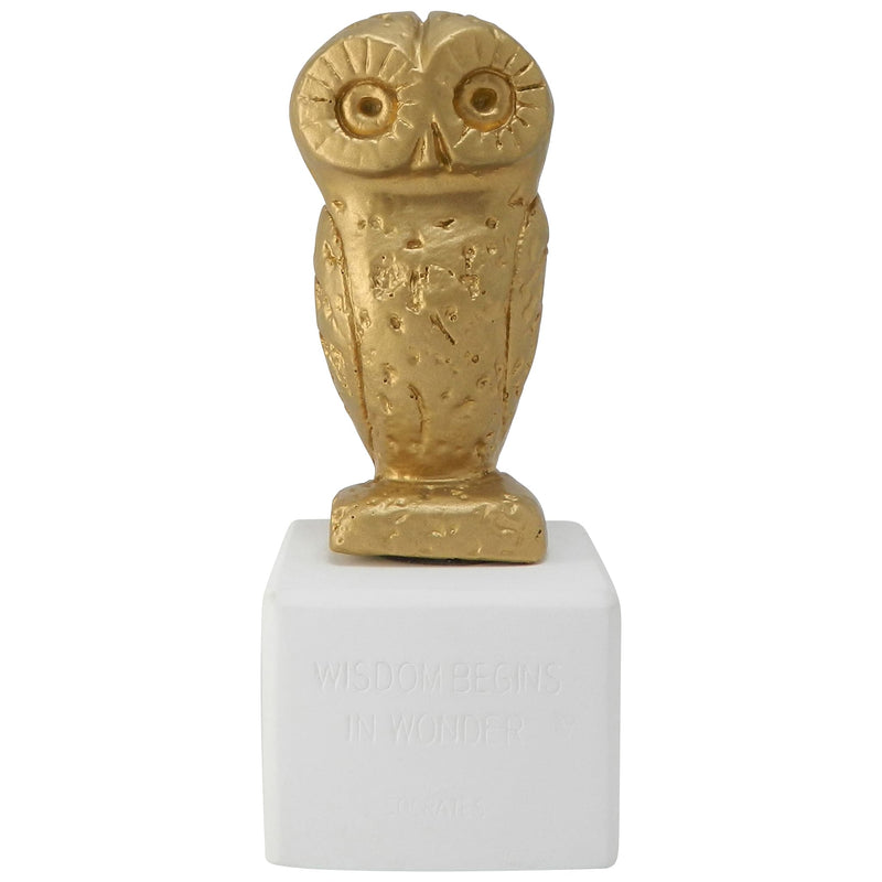 golden owl figurine - ancient greek owl replica with quote about widsom and wonder (front)