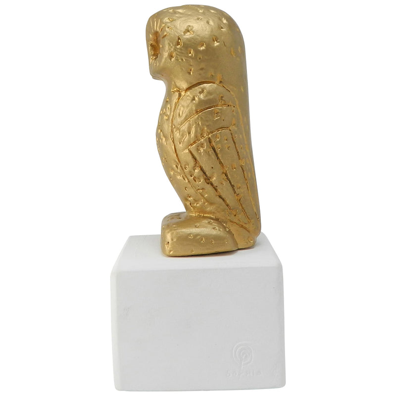 golden owl statue - ancient greek owl replica with quote about widsom and wonder (front)