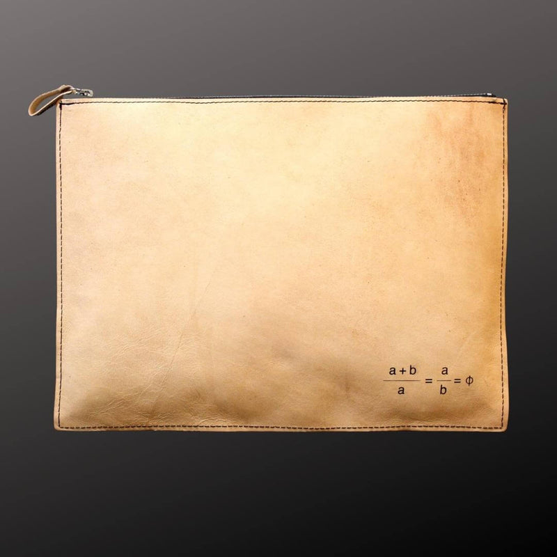 Leather portfolio depicting the golden ratio and an ancient Greek tempel - back side with golden ratio formula