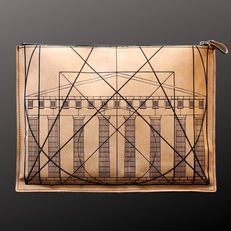 Leather portfolio depicting the golden ratio and an ancient Greek tempel