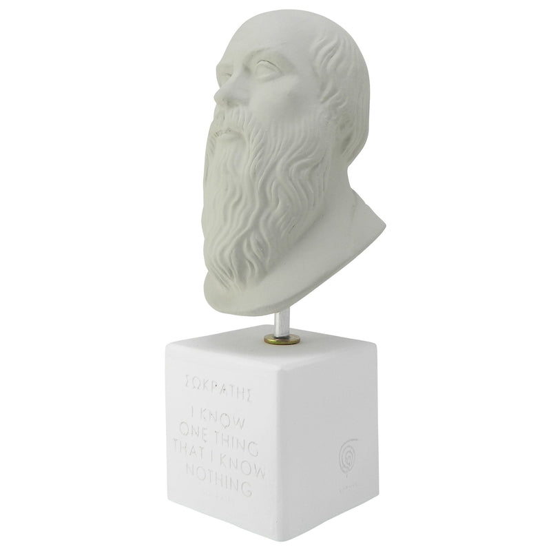 Ice Grey Bust of Socrates with quote I know one thing that i know nothing - ancient Greek philosopher (angle)