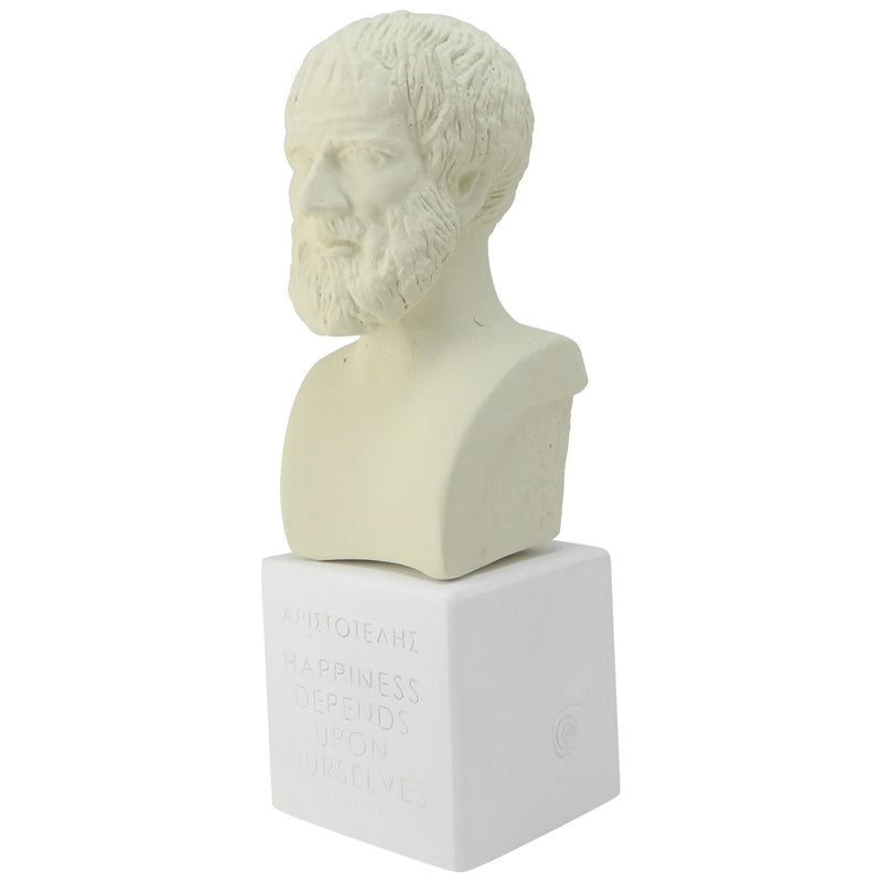 Ice White bust of Aristotle with quote Happiness depends upon ourselves (angle)