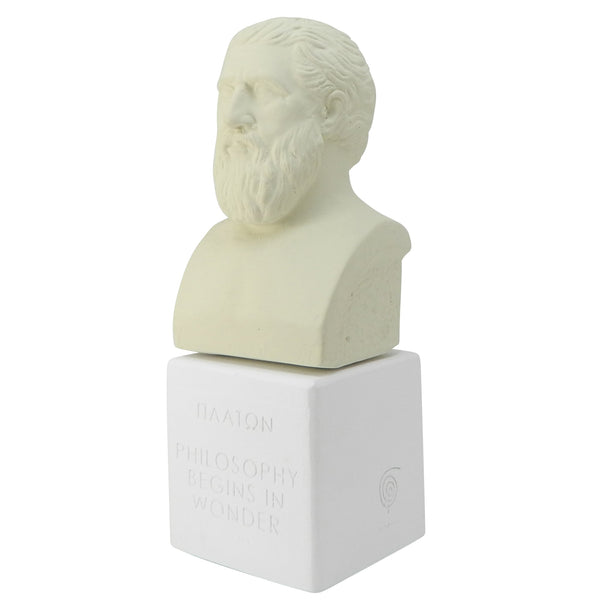 Plato Bust in ice white color with quote philosophy begins in wonder (angle)