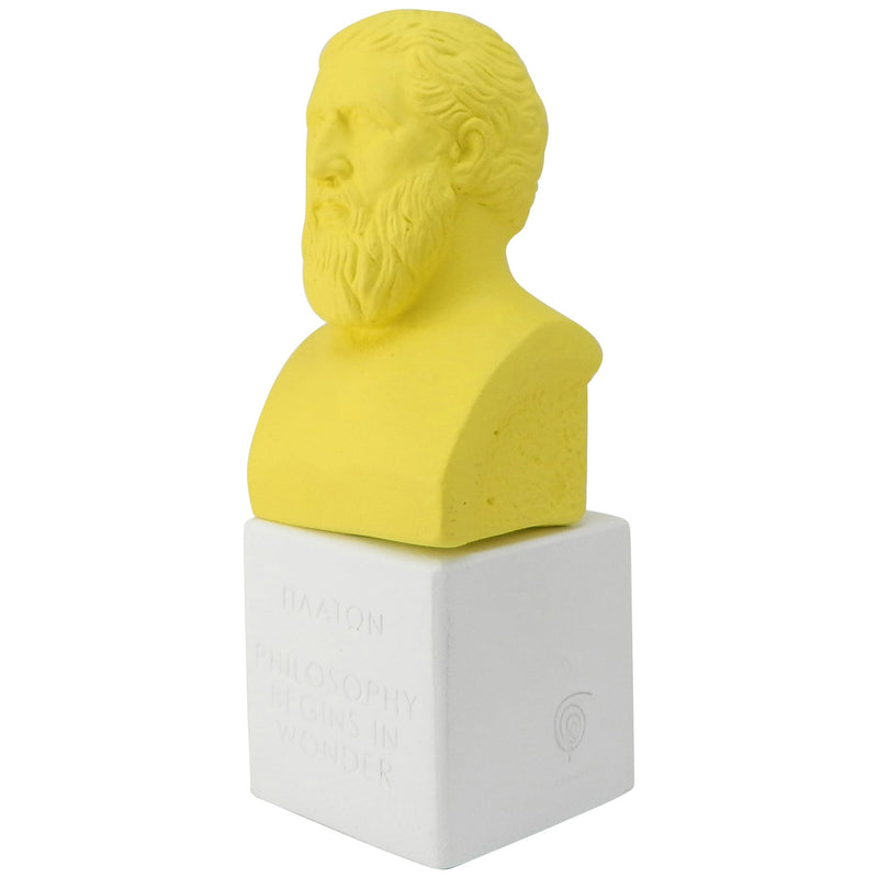 ancient Greek statue replica modern design Plato bust in lemon color with quote philosophy begins in wonder (angle)