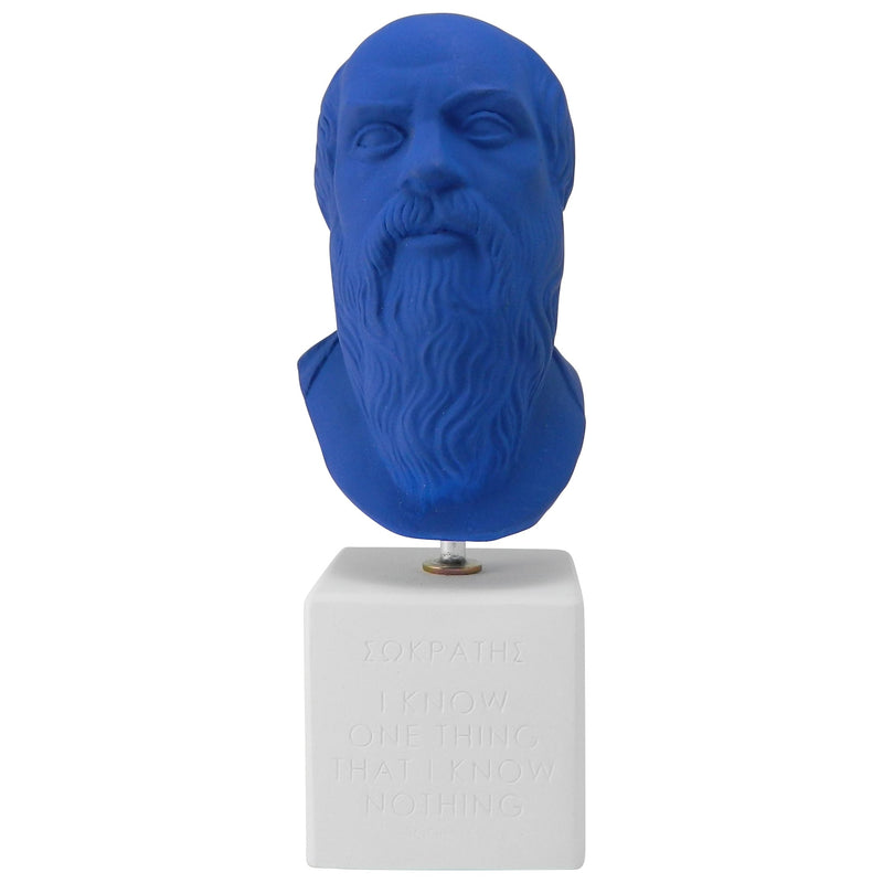 Socrates bust in modern color - ancient greek philosopher statue with quote all I know is that I know nothing (front)