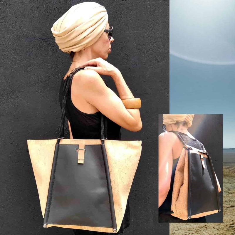 Redo bags. Greek handbags for sale. Multifunctional handbag cork fabric tote with black leather and inner zipper pocket handmade by an architect greek design in industrial environment with colors