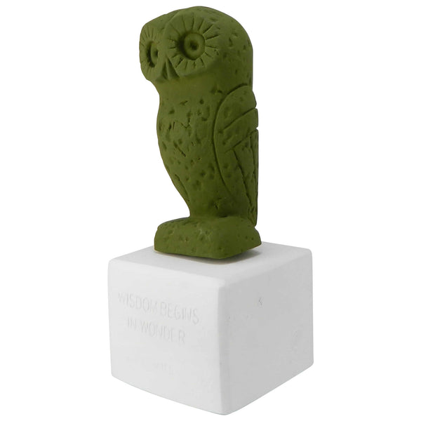 ancient greek owl repilica in olive green color - figurine owl sophus with quote about widsom and wonder (angle)