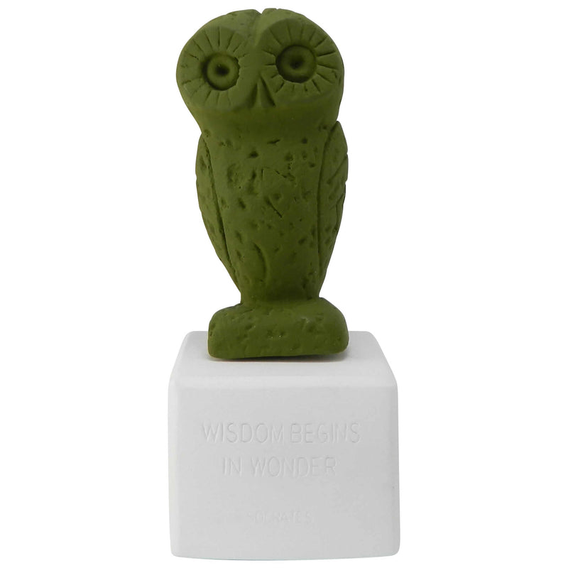 ancient greek owl repilica in olive green color - figurine owl sophus with quote about widsom and wonder (front)