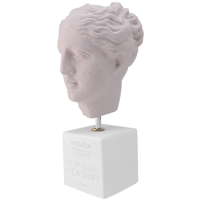 Greek statue replica - pow pink hygeia head goddess of hygiene (Hygieia)with quote about all in good measure (angle)