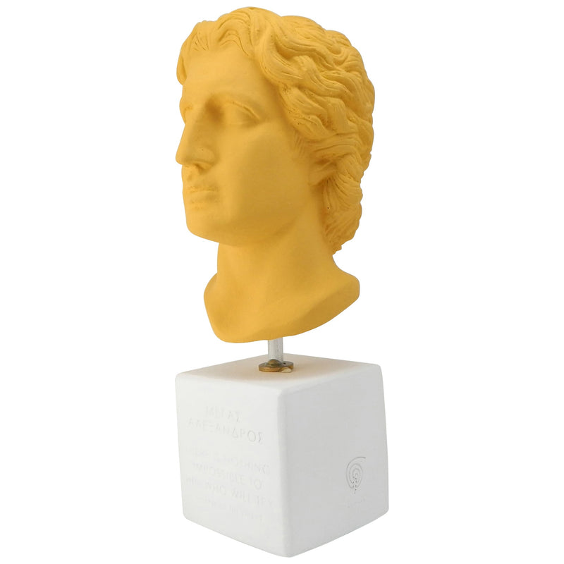 Saffron Bust Of Alexander The Great with quote There is nothing impossible to him who will try (angle)